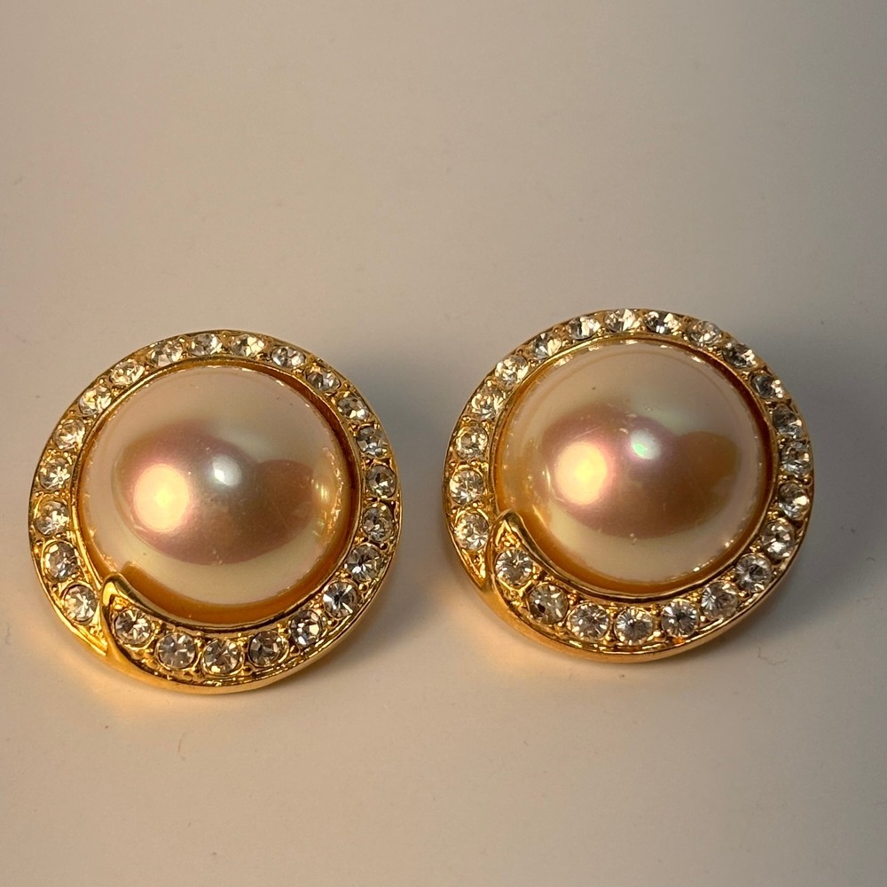 Vintage Roman‎ Clip On Earrings Gold Tone Faux Pearl Rhinestone Statement 90s